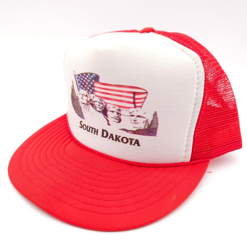 Vintage Mt Rushmore South Dakota Snapback Mesh Trucker Rope Hat Red Nissin Cap